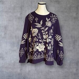 Johnny Was Ivey High Slit Embroidered Purple Sweatshirt Womens L Floral Tiger